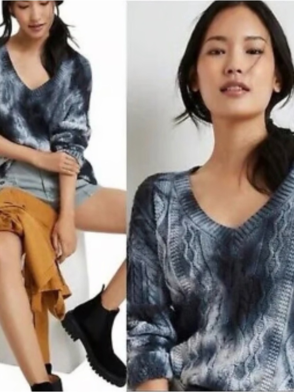 Anthropologie Pilcro Marled Blue V-Neck Cable Sweater